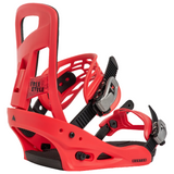 A red and black snowboard binding shown from a side angle on a solid white background, featuring a red backrest, red footplate, and black straps with silver buckles.