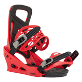 A red and black snowboard binding shown from a three-quarters angle on a solid white background.