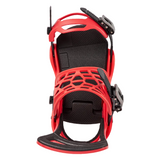 A red and black snowboard binding shown from a front-facing angle on a solid white background.