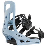 A light blue and black snowboard binding shown from a side profile view on a solid white background. The binding features a light blue plastic shell with black straps, buckles, and footplate.