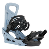 A snowboard binding shown from a three-quarters angle on a solid white background. The binding features a light blue base with black straps, footplate, and top loop.