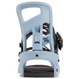 A light blue snowboard binding shown from the back, featuring a black footplate and black adjustment hardware, with a blue and white 'FREE STYLE' label on the strap.