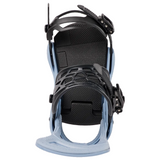 A snowboard binding shown from a top-down view on a solid white background. The binding features a light blue plastic base with black textured foam pads and black plastic straps.
