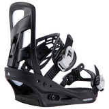 A single snowboard binding shown in a clean studio shot against a solid white background. The binding is primarily matte black with white and silver accents on the buckle and straps.