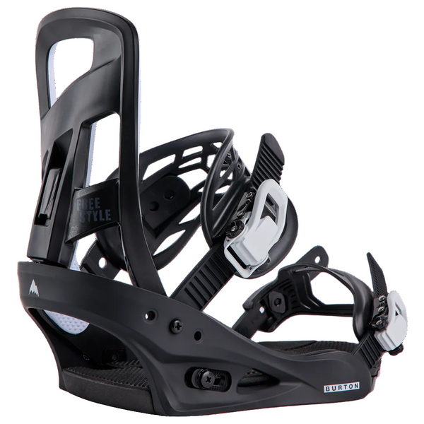 A single snowboard binding shown in a clean studio shot against a solid white background. The binding is primarily matte black with white and silver accents on the buckle and straps.