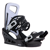 A single snowboard binding shown on a plain white background, with a black base and straps and a white backboard insert.