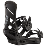 Black snowboard binding on a white background