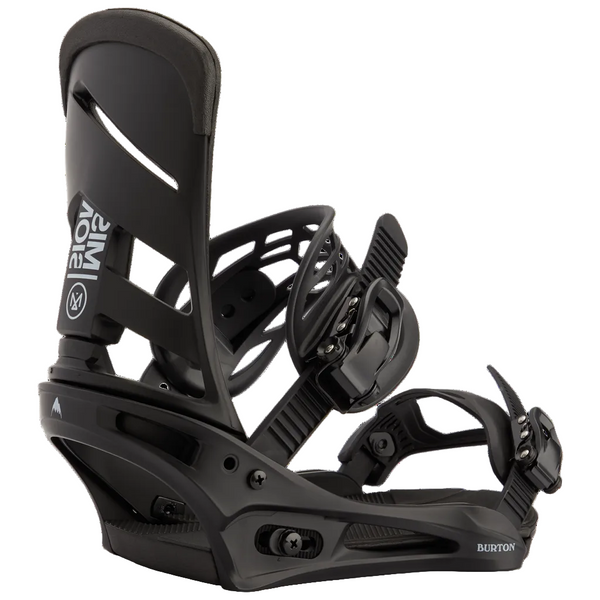 Black snowboard binding on a white background