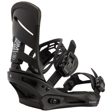 Black snowboard binding on a white background