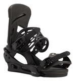 Black snowboard binding on a white background