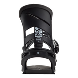 Black snowboard binding with visible branding on a white background