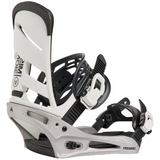 White and black snowboard binding on a white background