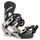 Black and white snowboard binding on a white background