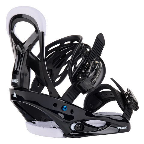 Black snowboard bindings on a white background