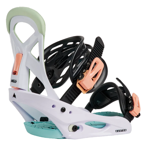 White snowboard binding with black and pink accents on a white background