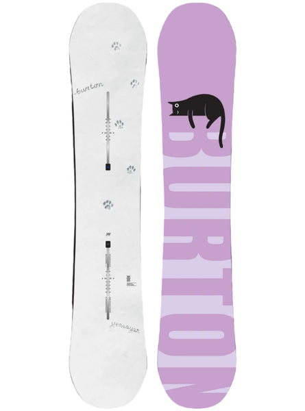 Front and back views of a Burton snowboard on a plain white background. The back is white with gray paw prints and binding hardware graphics, and the front is lavender with a large black cat silhouette and vertical BURTON branding.