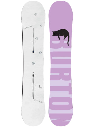 Front and back views of a Burton snowboard on a plain white background. The back is white with gray paw prints and binding hardware graphics, and the front is lavender with a large black cat silhouette and vertical BURTON branding.