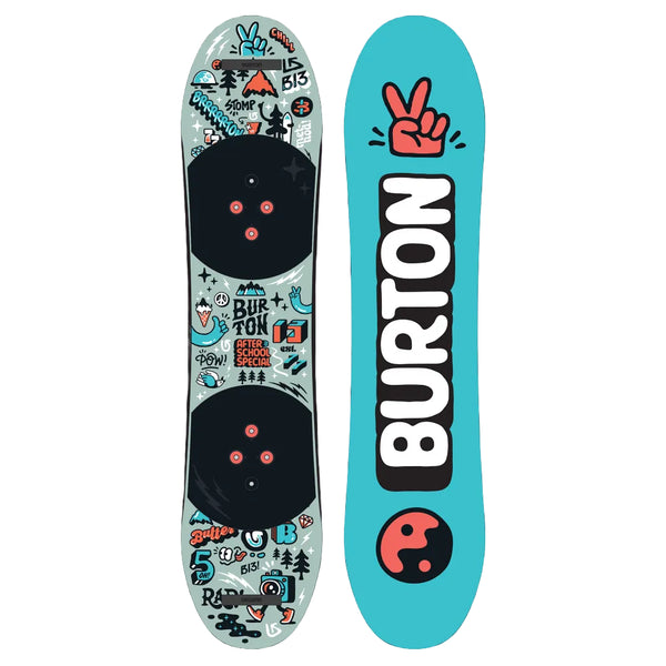 Two Burton snowboards, one with a colorful design and the other with a blue background and logo.