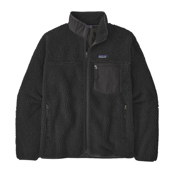 A black Patagonia fleece jacket with a full-zip front, stand-up collar, and a zippered chest pocket, shown against a plain white background.