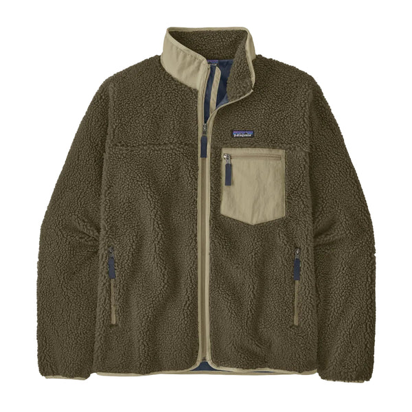 A Patagonia fleece jacket in olive brown and beige, featuring a full-zip front, a stand-up collar, a chest pocket with a zipper, and zippered hand pockets, shown against a plain off-white background.