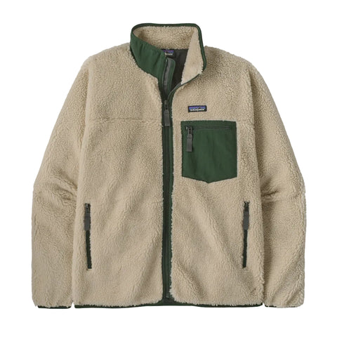 A Patagonia fleece jacket in beige and dark green, featuring a full-zip front, a stand-up collar, a chest pocket, and zippered hand pockets, shown against a plain white background.