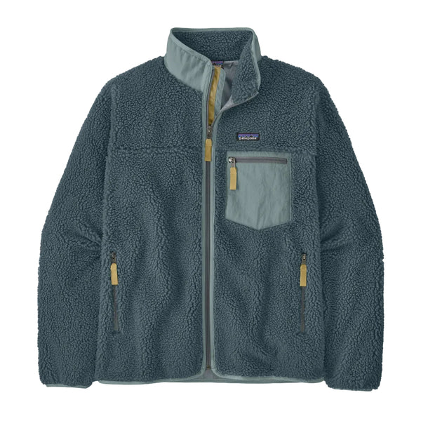 A Patagonia fleece jacket in a muted teal-blue color, featuring a light blue-gray chest pocket with a yellow zipper pull, and matching light blue-gray trim on the collar and front zipper.