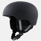 Anon 26/27 Kids' Rime 3 Helmet - Black A matte black ski helmet with gray and black adjustable chin straps, shown from a three-quarters angle against a light gray background.