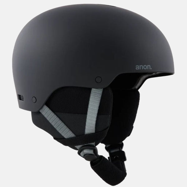 Anon 26/27 Kids' Rime 3 Helmet - Black Matte black Anon ski helmet with adjustable black chin strap and light gray straps, shown on a solid white background.