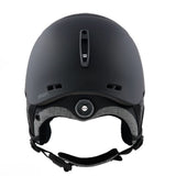 RODAN SNOW HELMET BLACK - Matte black Anon ski and snowboard helmet with a gray heather interior and black chin strap, shown from the front .