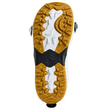 Close-up of a shoe sole with yellow tread pattern on a white background