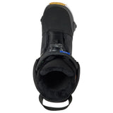 Black snowboard boot with strap mechanism on a white background