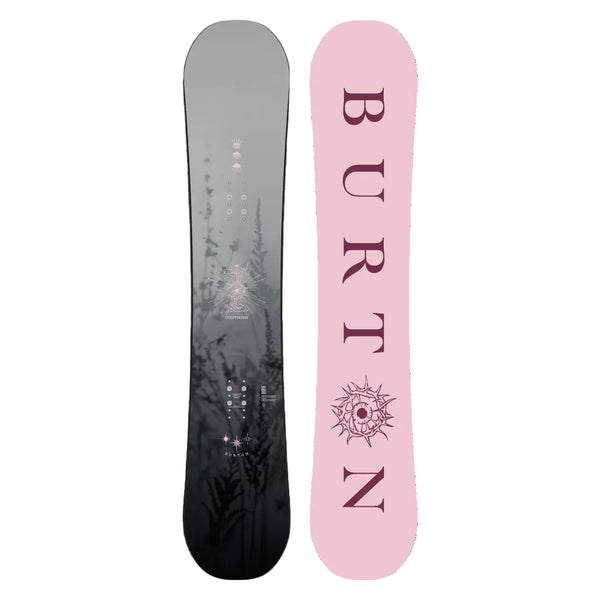 Snowboard shown side by side on a plain white background. The left board is dark gray to black with subtle botanical line art and small pink graphics.