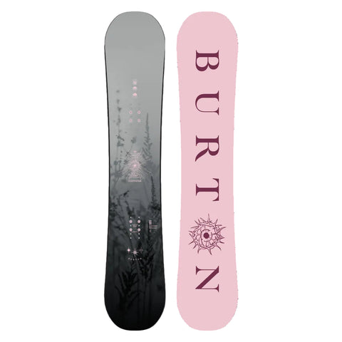 Snowboard shown side by side on a plain white background. The left board is dark gray to black with subtle botanical line art and small pink graphics.