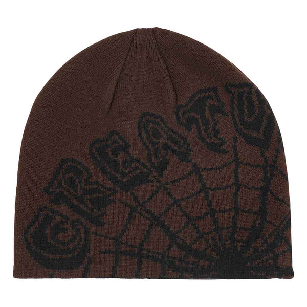 WEB BEANIE SKULL CAP HAT - BROWN Front. Creature logo with web graphic