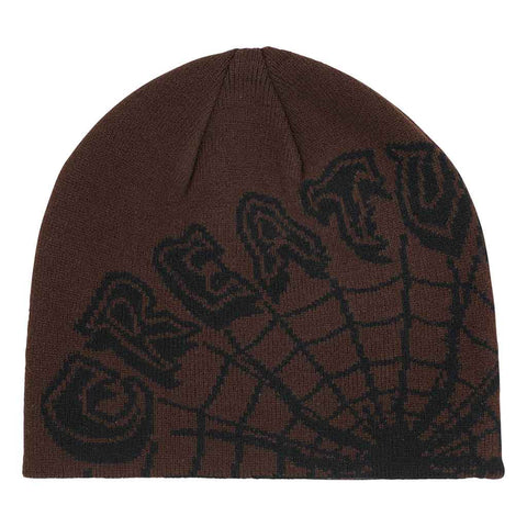 WEB BEANIE SKULL CAP HAT - BROWN Front. Creature logo with web graphic