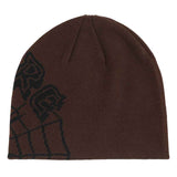 WEB BEANIE SKULL CAP HAT - BROWN back. Some part of the creature logoand web.