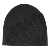 WEB BEANIE SKULL CAP HAT - CHARCOAL Front. Creature logo and web