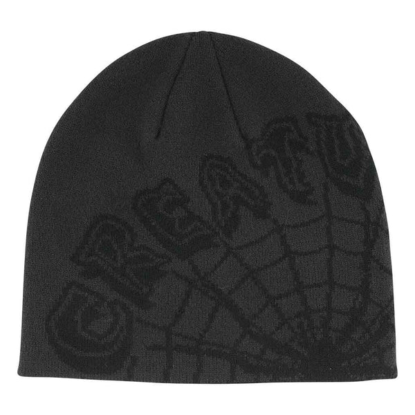 WEB BEANIE SKULL CAP HAT - CHARCOAL Front. Creature logo and web