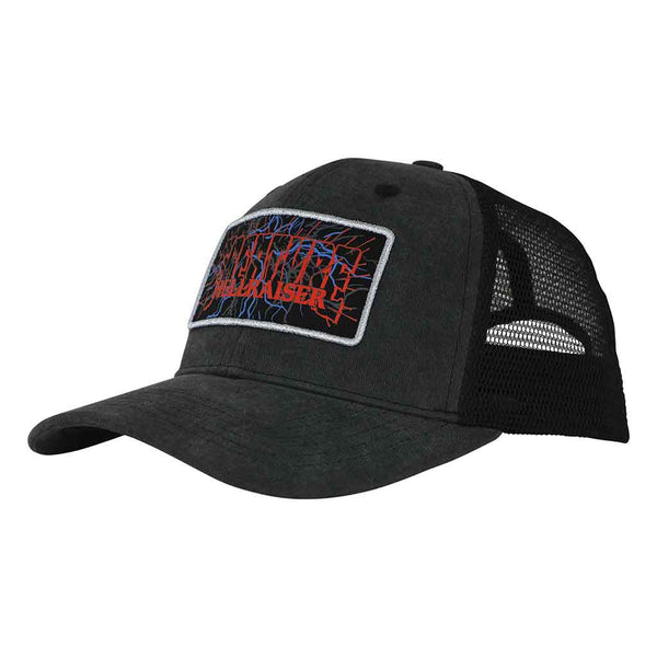 HELLRAISER SNAPBACK STRUCTURED HAT - BLACK DENIM Front. Logo on patch