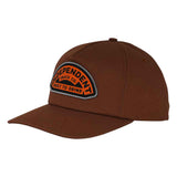 BUILT TO GRIND ONSITE SNAPBACK UNSTRUCTURED HAT - BROWN Front. arched orange and black logo
