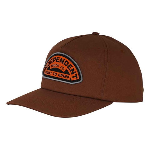 BUILT TO GRIND ONSITE SNAPBACK UNSTRUCTURED HAT - BROWN Front. arched orange and black logo
