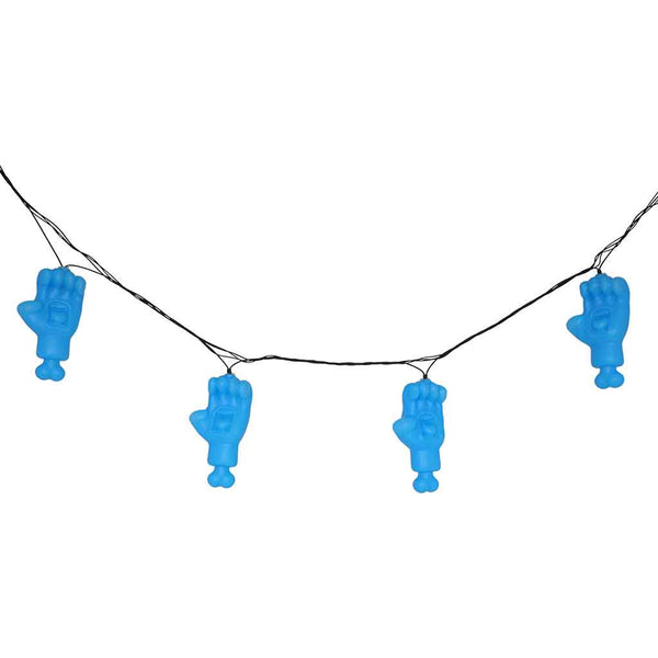 Blue raised-fist string lights on a thin black wire, shown against a plain white background.