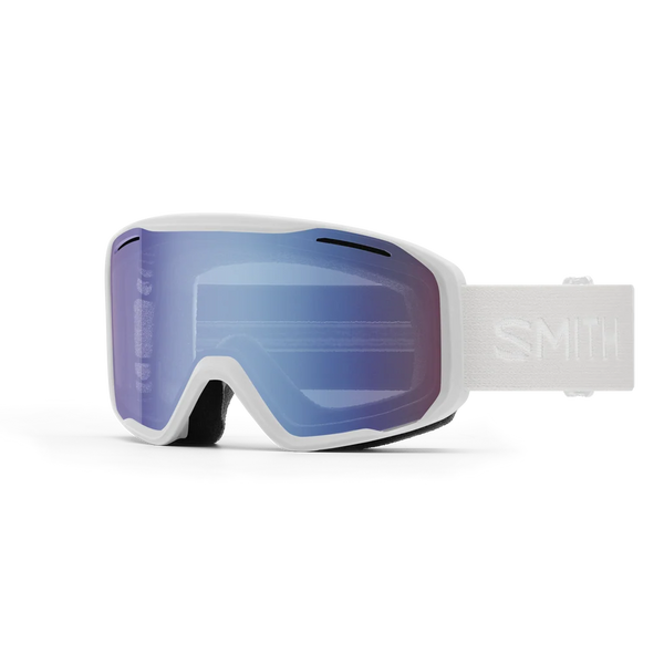 White Smith snow goggles with a blue-to-purple mirrored lens and a white strap, shown on a clean white background.