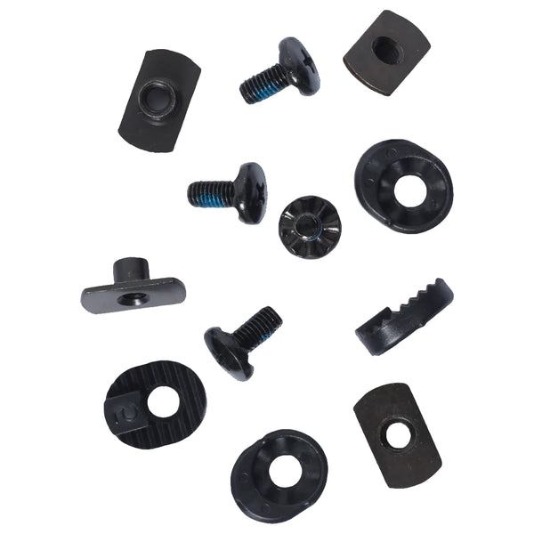 Set of black metal screws and washers on a white background