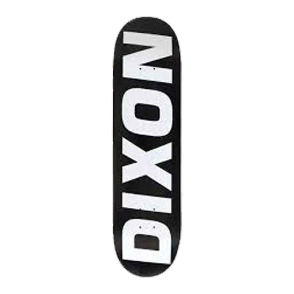 A skateboard deck shown vertically against a plain white background, featuring a black grip tape surface with the brand name 'DIXON' printed vertically in bold white letters.