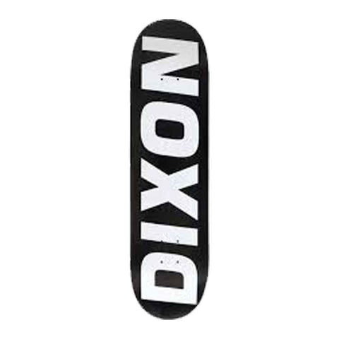 A skateboard deck shown vertically against a plain white background, featuring a black grip tape surface with the brand name 'DIXON' printed vertically in bold white letters.
