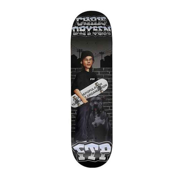 A long skateboard deck shown vertically against a plain white background. The deck features a graphic print with the text 'CHRIS DRYSEN' at the top, a photo of a person in a black outfit holding a skateboard, a large black dog in the center, and 'FTP' in bold white letters at the bottom.