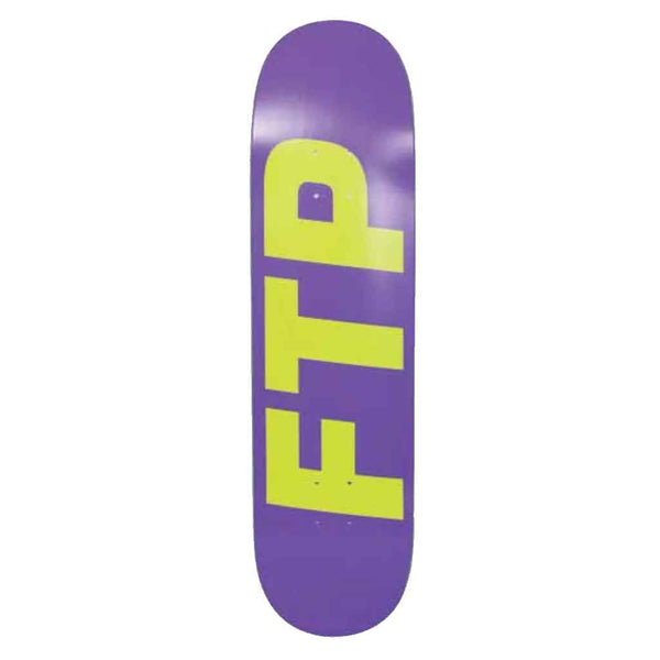 A purple skateboard deck with a large lime green FTP logo printed vertically on the underside, shown against a plain white background.