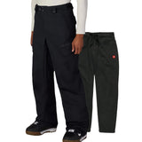 A model wears black cargo-style snow pants in the foreground, with a second pair of dar drawstring pants displayed behind them against a plain white background.