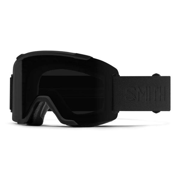 Black Smith snow goggles with a matching black strap, shown from a side profile on a white background.